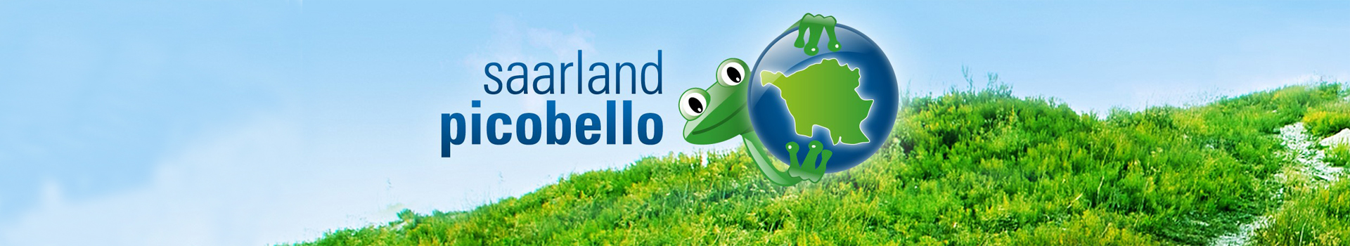 Header der Kampagne saarland picobello mit Picobello Frosch, der einen Globus mit Saarlandkarte trägt und auf einer Wiese steht. 